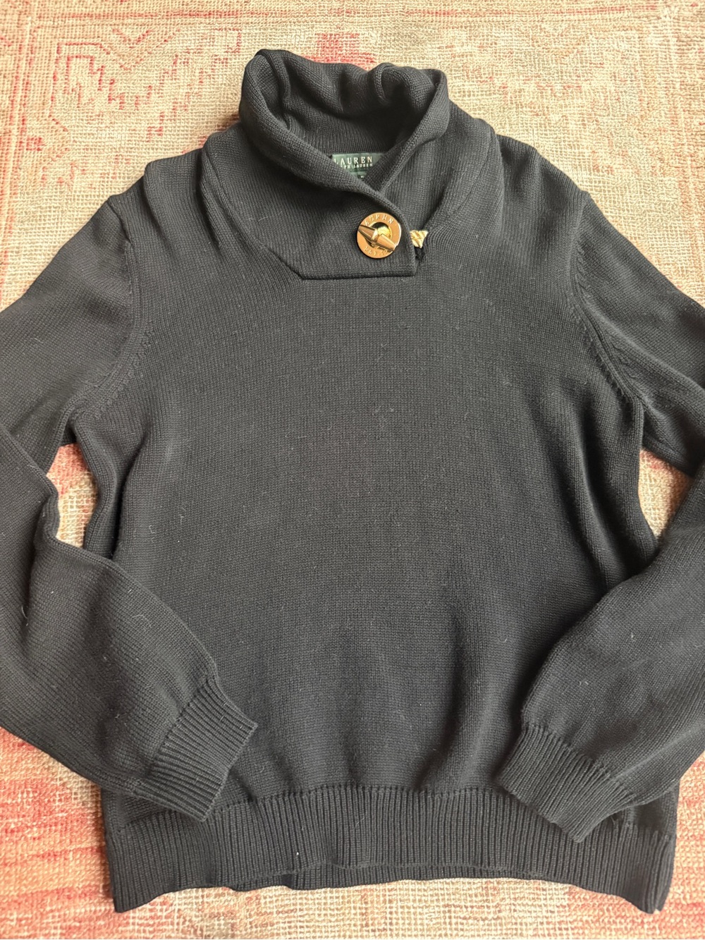 Lauren Ralph Lauren Black Cowl Neck Sweater with Tortoiseshell Button